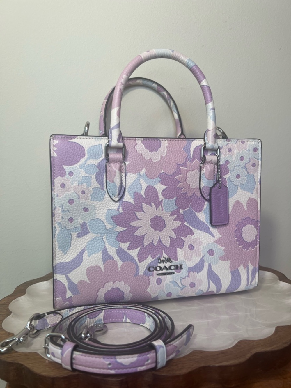 Coach Maggie Small Tote Floral Print Pebbled Leather Purple Ivory Crossbody EUC - Picture 1 of 16